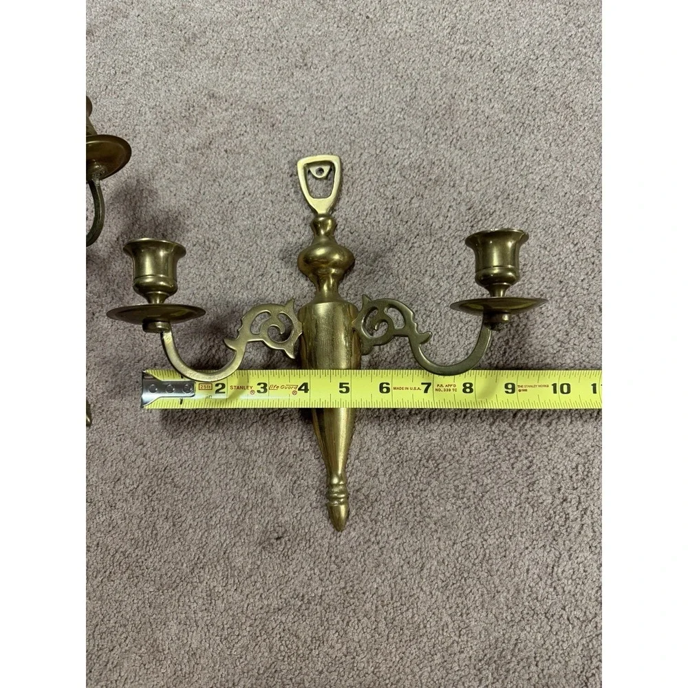 Vintage Solid Brass 2 Arm Candle Holder Wall Mounted Sconce Candelabra 10